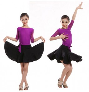 Purple violet black patchwork long lace sleeves round neck girls kids children  competition performance latin ballroom dance dresses for kids